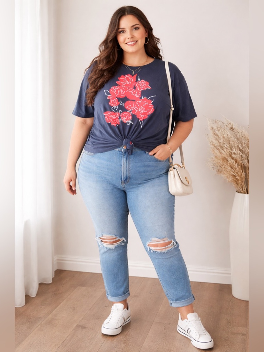 J. Crew 3X Navy Blue Red Floral Print SS Tee Neutral Casual